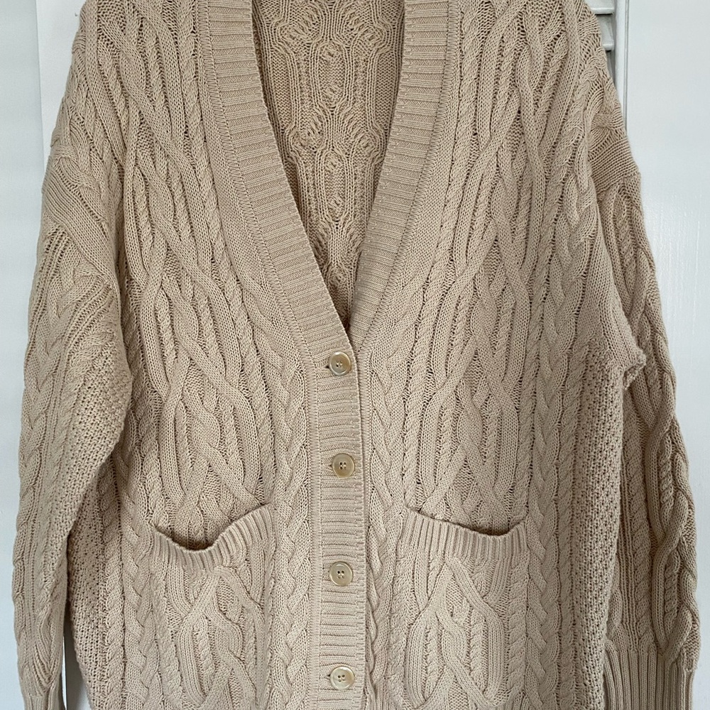 J. Crew Beige Heritage Cable Knit Cardigan Sweater Size L